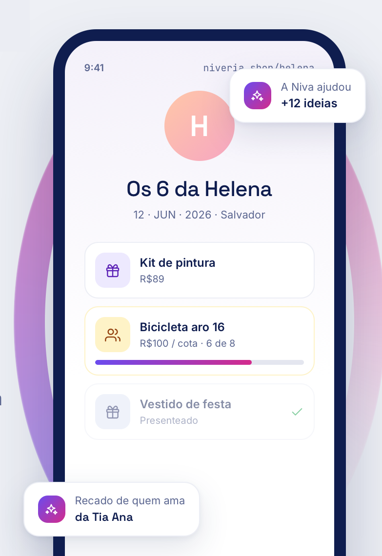 Site do evento da Helena no celular, com a lista de presentes ao vivo
